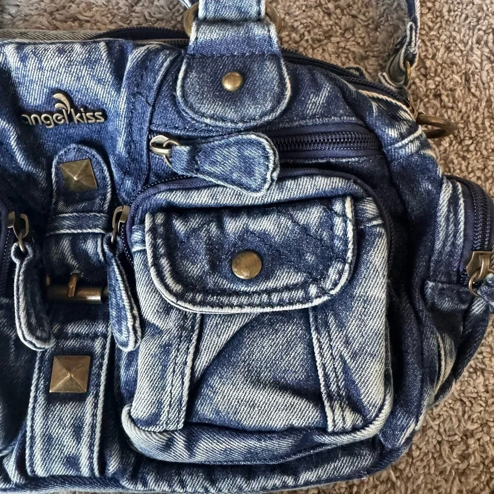 Angel Kiss Distressed Denim Shoulder / Adjustable Crossbody Purse 15 Pockets!